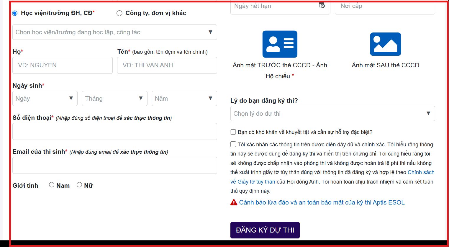 Thí sinh cần điền đầy đủ các thông tin đăng ký